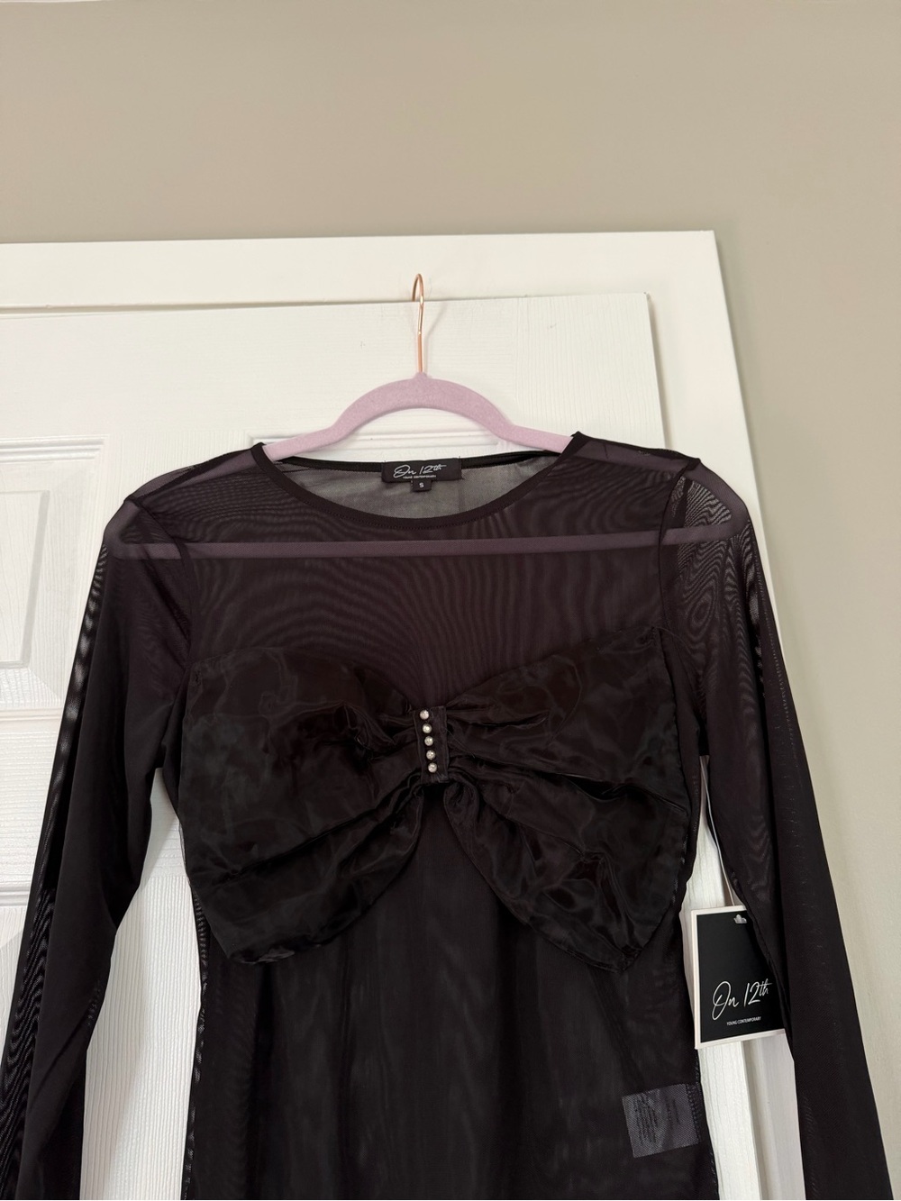 On 12th Velvet Bow Bralette Rhinestone Sheer Long Sleeve Top Sexy NEW